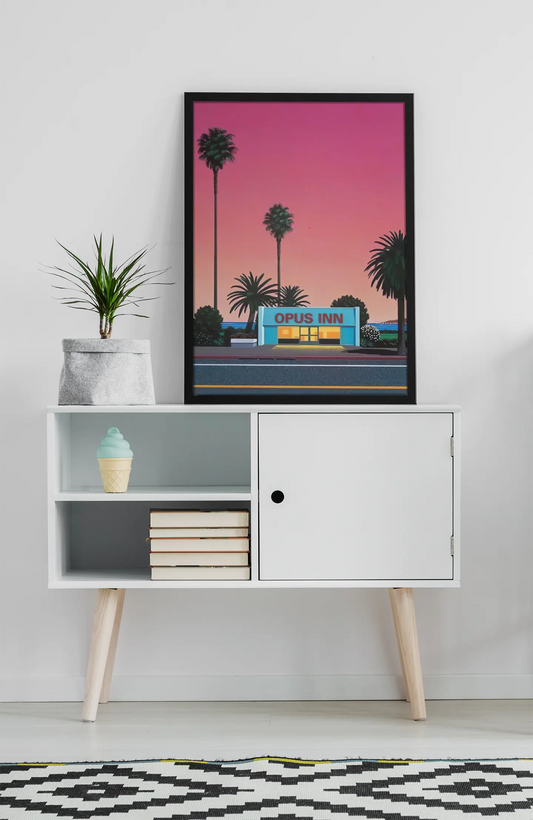 Poster city pop Hiroshi Nagai, Sun love, Opus Inn poster, vaporwave style Trendsandprints
